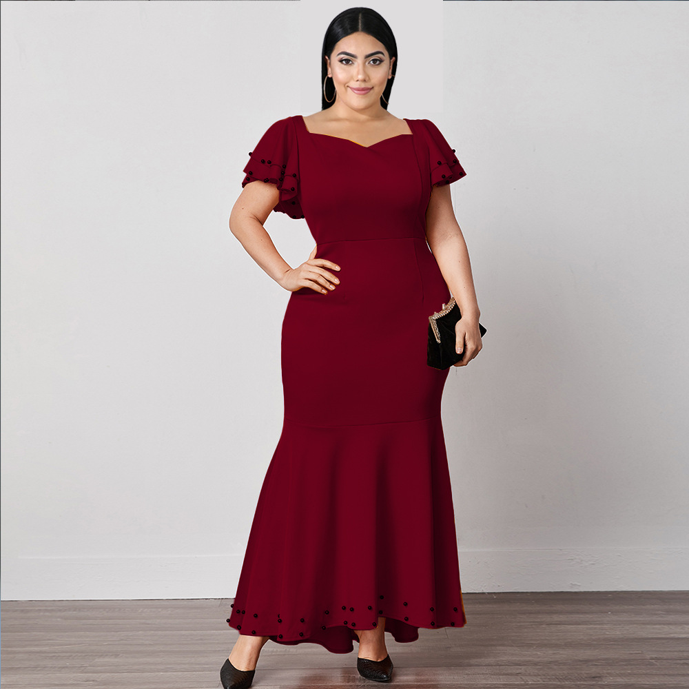 V-neck Short Sleeve Stitching High Waist Plus Size Ruffle Dress Women