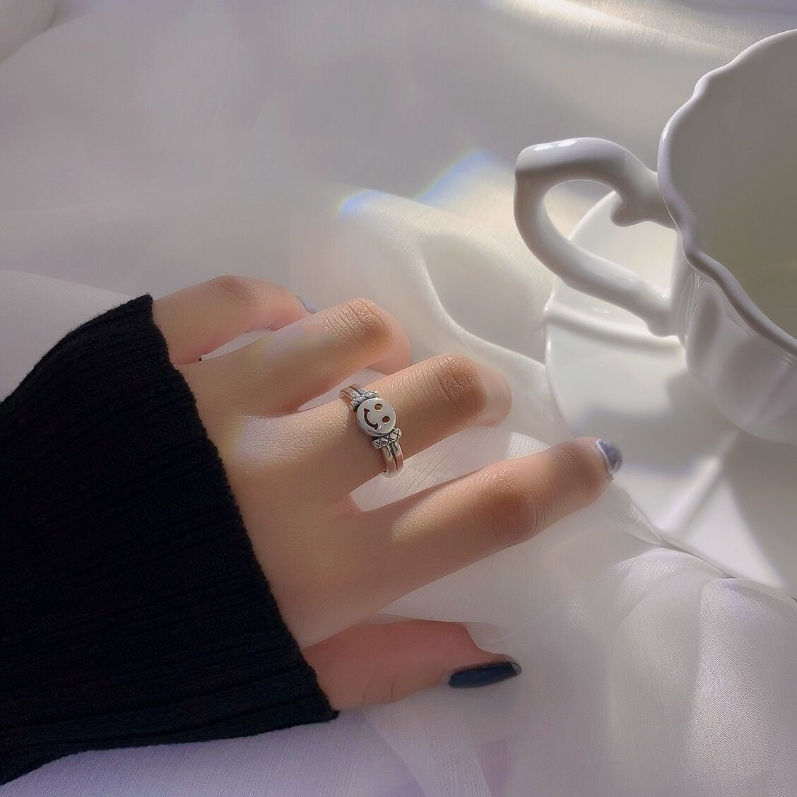 S925 Sterling Silver Thai Silver Smiley Ring Women