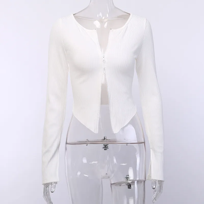 Sexy Zip Cardigan Temperament Slim Long Sleeve Top - White