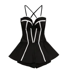 Women's Solid Colour One Piece Boxer Skirt Conservative Swimsuit - Black - View 1