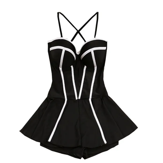Women's Solid Color One Piece Boxer Skirt Conservative Swimsuit Black - Shop at LoveMi