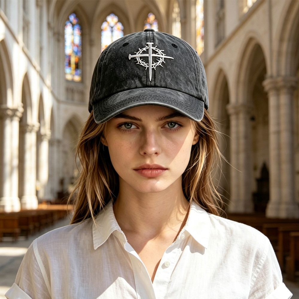 2pcs Crown Baseball Cap For Men Women, Crown Of Thorns Nail Cross Embroidery Christian Faith Hat, Adjustable Vintage Cotton Trucker Hat