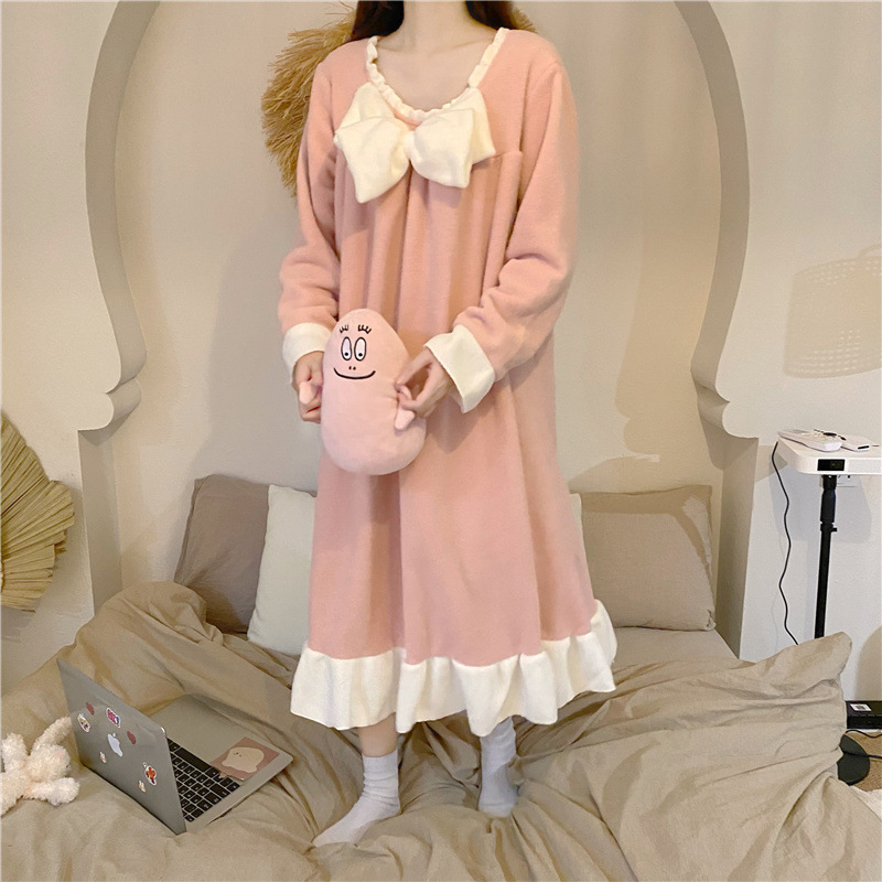 Title 4, Winter Cute Plush Bow One-piece Long Pajamas