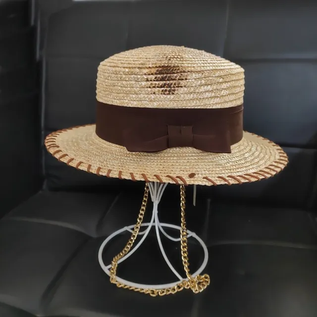 Flat top Short brimmed Golden Chain Tide Sun Protection Casual Straw Hat Khaki - Shop at LoveMi