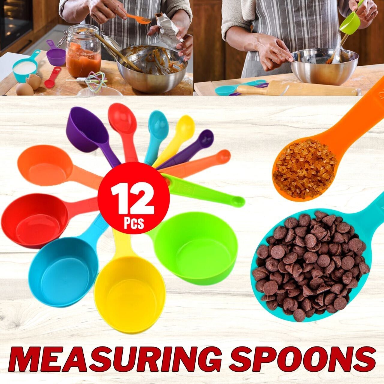 6 Measuring Spoons and 6 Cups Set. we ship only inside the US, USPS First Class Package 2 Day Handling , 2-5 Day Shipping. 12-Piece Plastic Measuring Cups and Spoons Set Great for Baking and Cooking 12 Piece Measuring Cups and Spoons Set, Colored Kitchen 