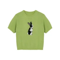 Rabbit Print Round Neck Fashion Short Sleeves - Avocado Green - View 1