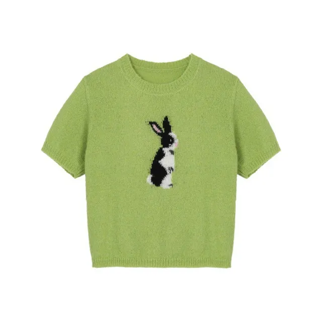 Rabbit Print Round Neck Fashion Short Sleeves Avocado Green - Shop at LoveMi