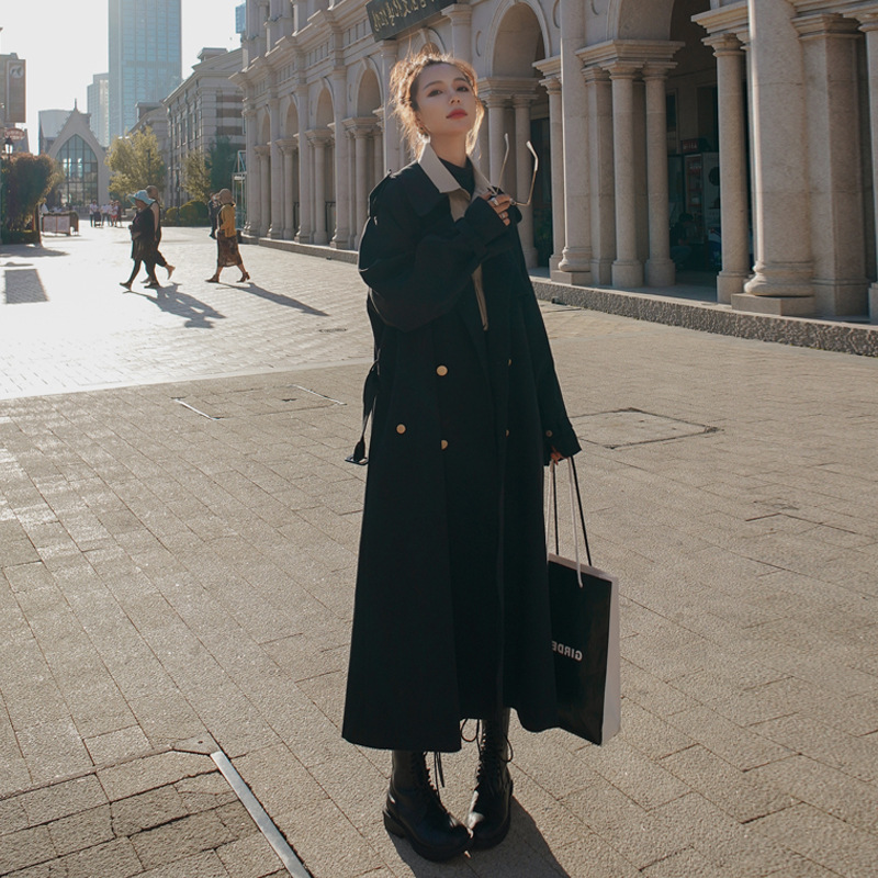 Ladies Black Trench Coat Hong Kong Style Drape Coat