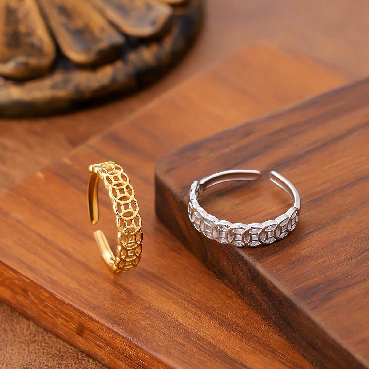 Lucky Coin Titanium Steel Ring For Women & Men, Hollow Coin Design, Feng Shui Wealth Lucky Jewelry, Anti-Fade Couple Rings