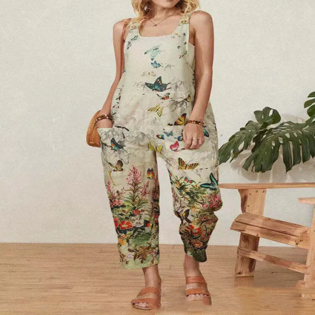 Summer New Style Butterfly Print Suspenders Ladies Casual Pants Loose Large Size Women's Jumpsuit Khaki - Shop at LoveMi