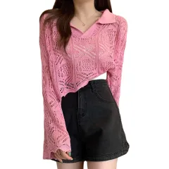 Women's Summer Loose Smock Top Hollow Sweater - Pink - View 1