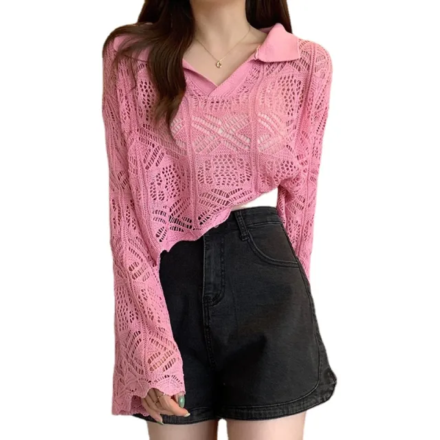 Women's Summer Loose Smock Top Hollow Sweater Pink - Shop at LoveMi