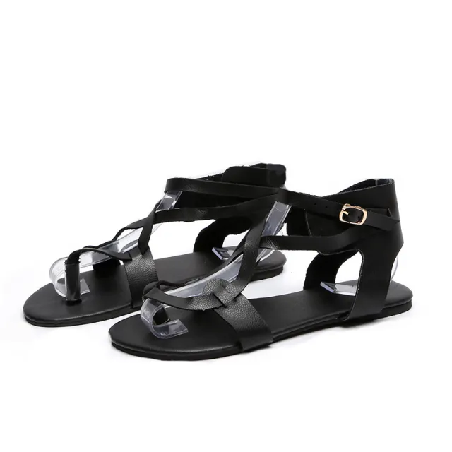 Large Open toe Flat heel Roman Shoes Black - Shop at LoveMi