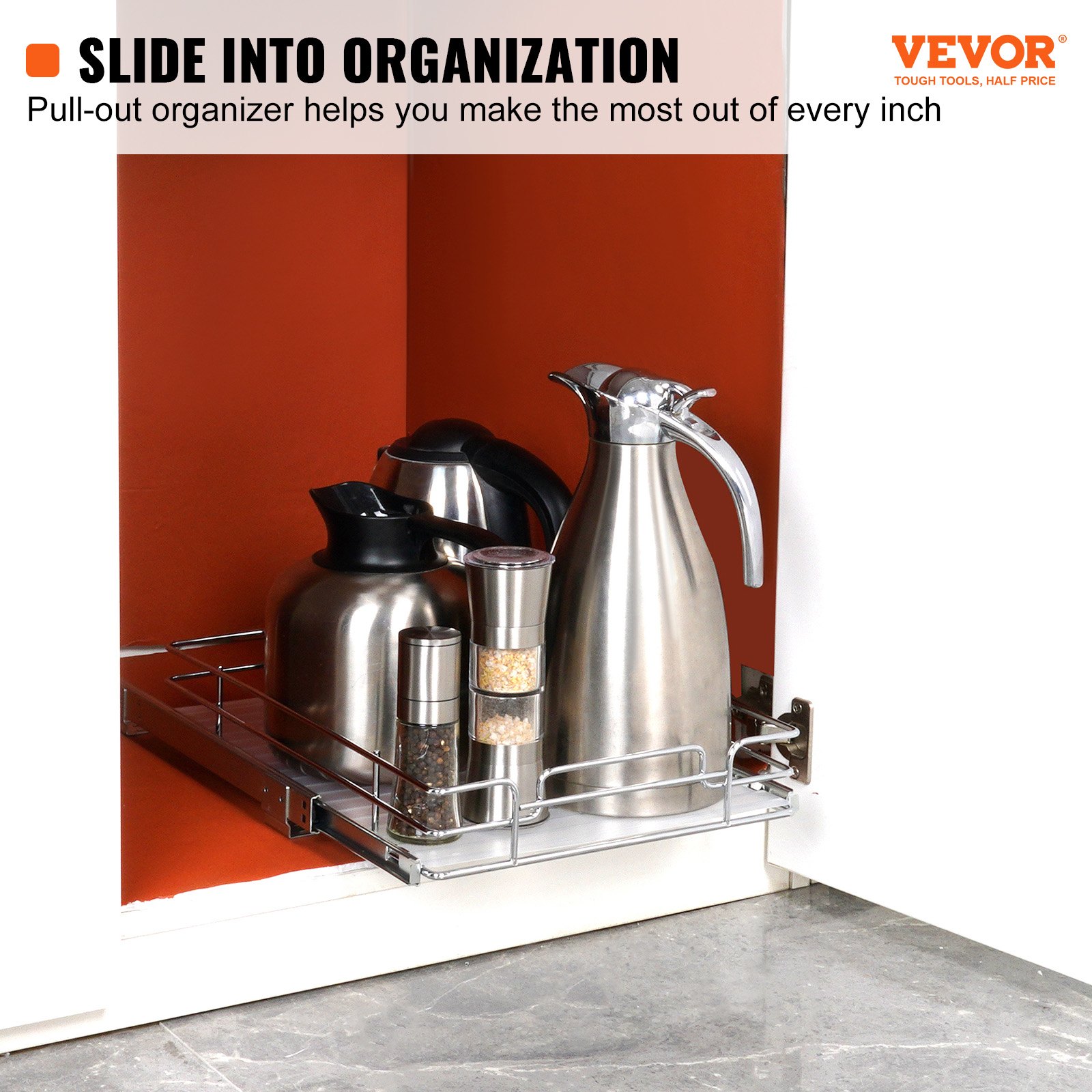 VEVOR Pull Out Cabinet Organizer, Heavy Duty Slide Out Pantry Shelves, Chrome-Plated Steel Roll Out Drawers, Sliding Drawer Storage For Home, Inside Kitchen Cabinet, Bathroom, Under Sink