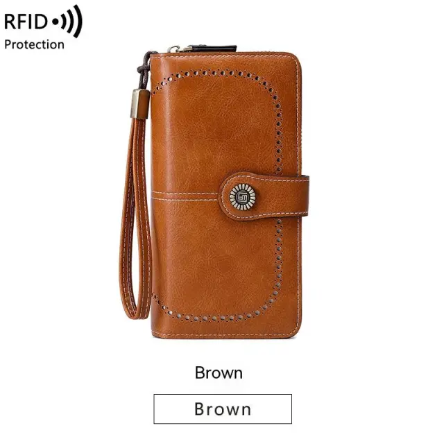 RFID Anti magnetic Wallet Long Zipper Women's Large capacity Handbag Brown - Shop at LoveMi