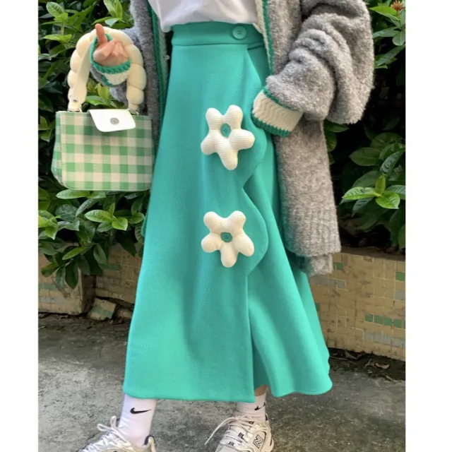 High Waist Slimming Three Dimensional Flower Irregular Age reducing Skirt Green - Shop at LoveMi