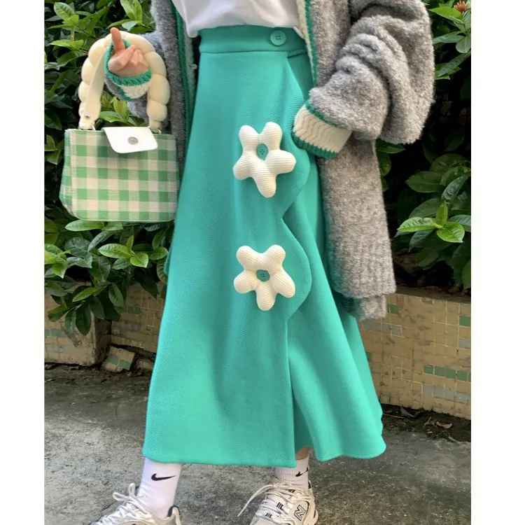 High Waist Slimming Three Dimensional Flower Irregular Age-reducing Skirt - Green