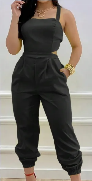Women Casual Solid Color Strap Backless Jumpsuits With Ankle Cuffs For Spring Summer Black - Shop at LoveMi