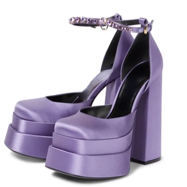 Super High Heel Platform Thick Heel Hollow Square Toe Satin Hate Sky High Baotou Plus Size Catwalk Sandals High Heels Lavender - Shop at LoveMi