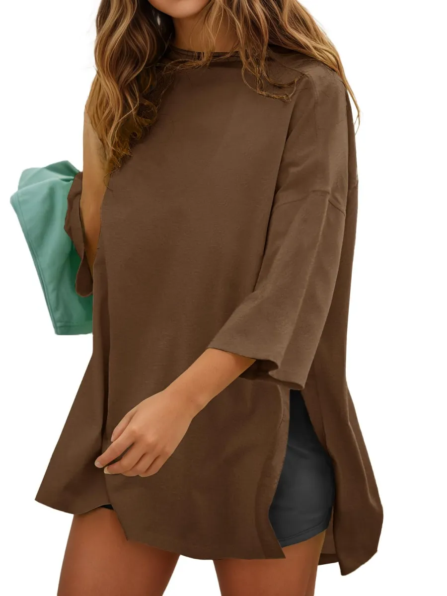 Fisoew Womens Oversized T Shirts Casual Sleeve Side Slit