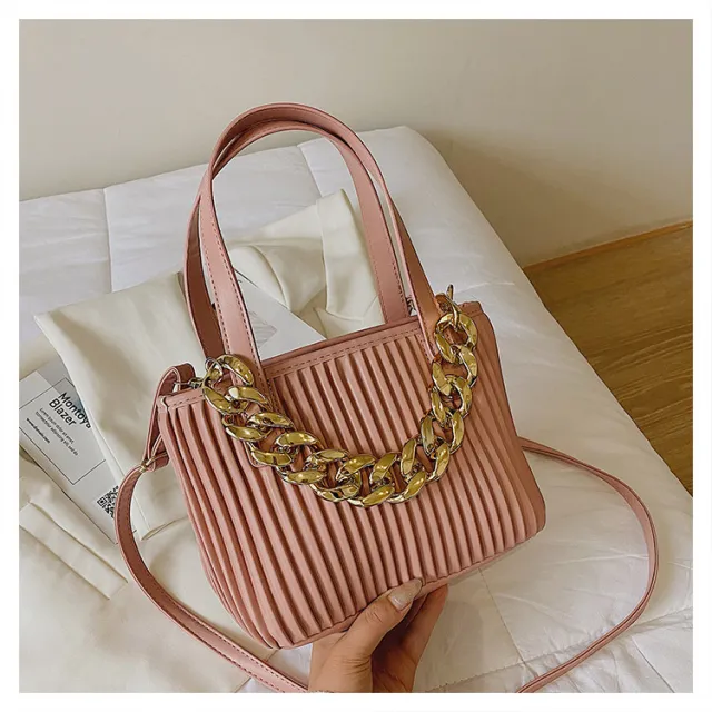 Pleated Handbag Chain Embellished One Shoulder Span Pink - Shop at LoveMi