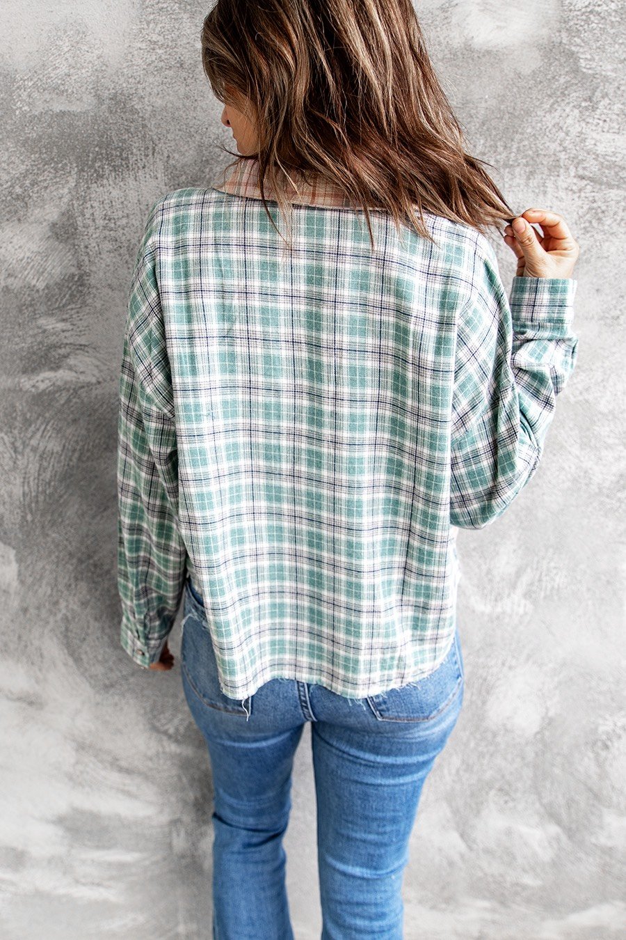 Fashion Three-color Plaid Stitching Long-sleeved Lapel Short Blouse