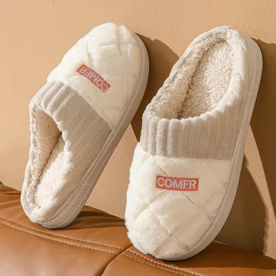 Solid Rhombic Letter Home Slippers Winter Warm Non-slip Floor Bedroom Plush Slipper For Couple House Shoes Women Men