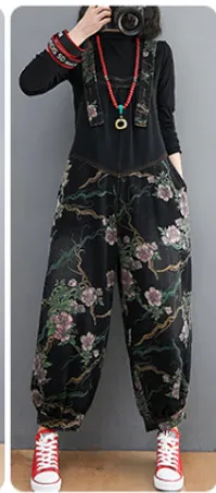 Thin Women With Printed Jeans And Suspenders - Abstract Flower - View 1