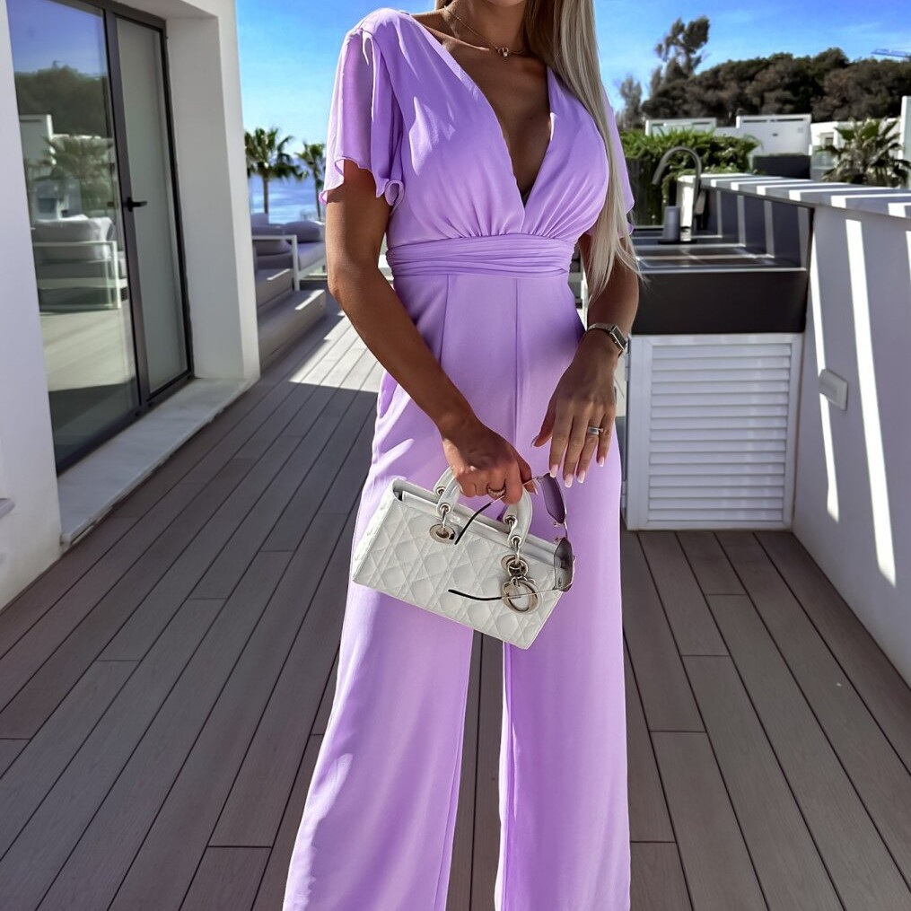 Women's One-piece Deep V High Waist Wide Leg Trousers
