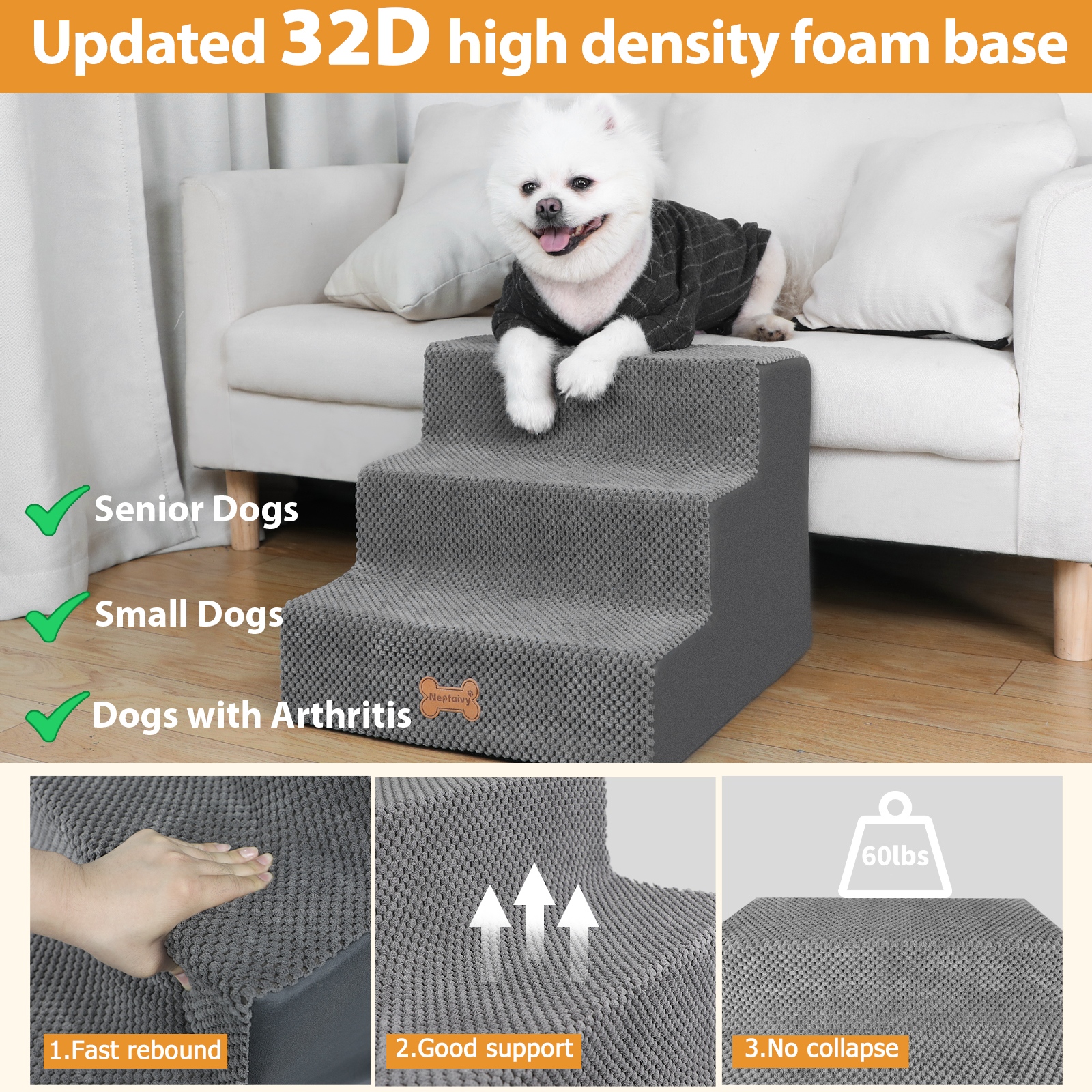 Dog Stairs, Anti Slip Pet For Dogs And Cats, Ramp With High-density Foam — image 2