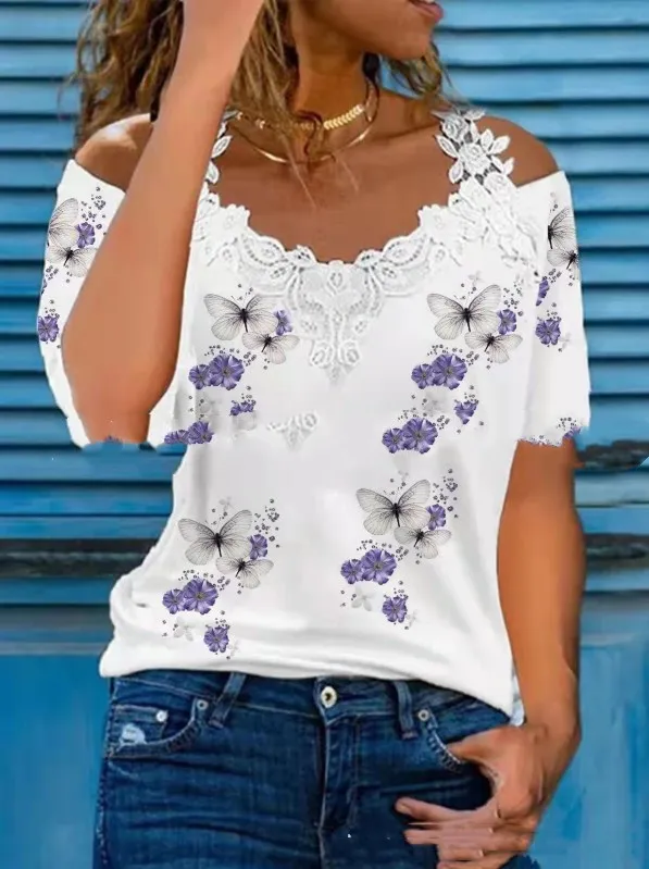 V Neck Lace Shoulder Drain Short Sleeve Casual Purple Butterfly - Shop at LoveMi