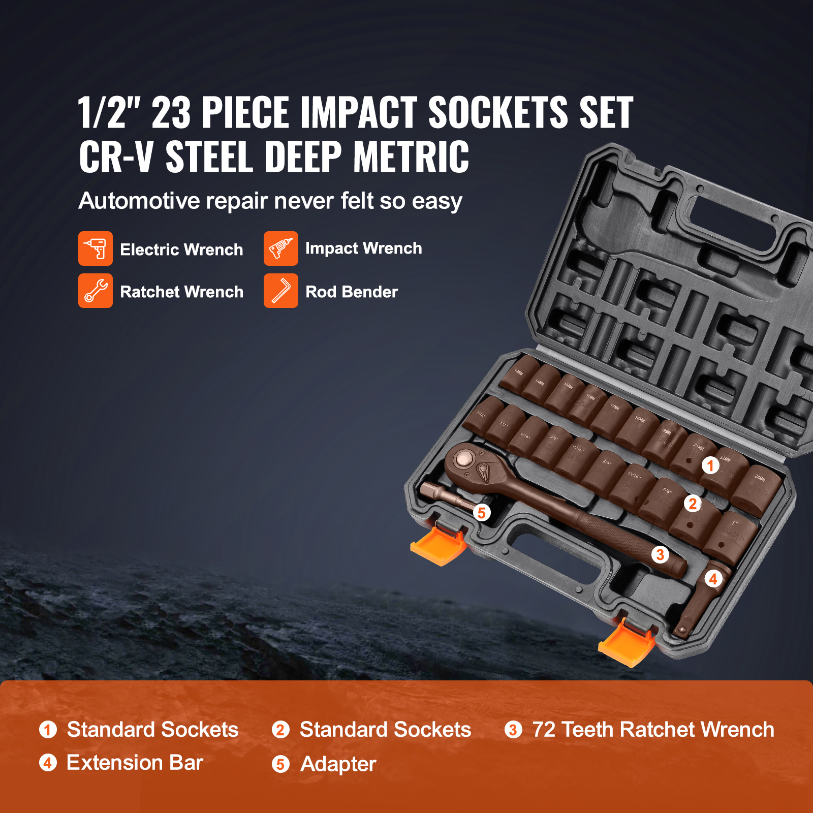 VEVOR Drive Impact Socket Set, 23 Piece Socket Set SAE 6 Point Cr-V Alloy Steel For Auto Repair With…