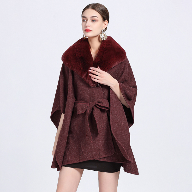 Faux Rex Rabbit Fur Collar Knit Shawl Cape Red Wine - Shop at LoveMi
