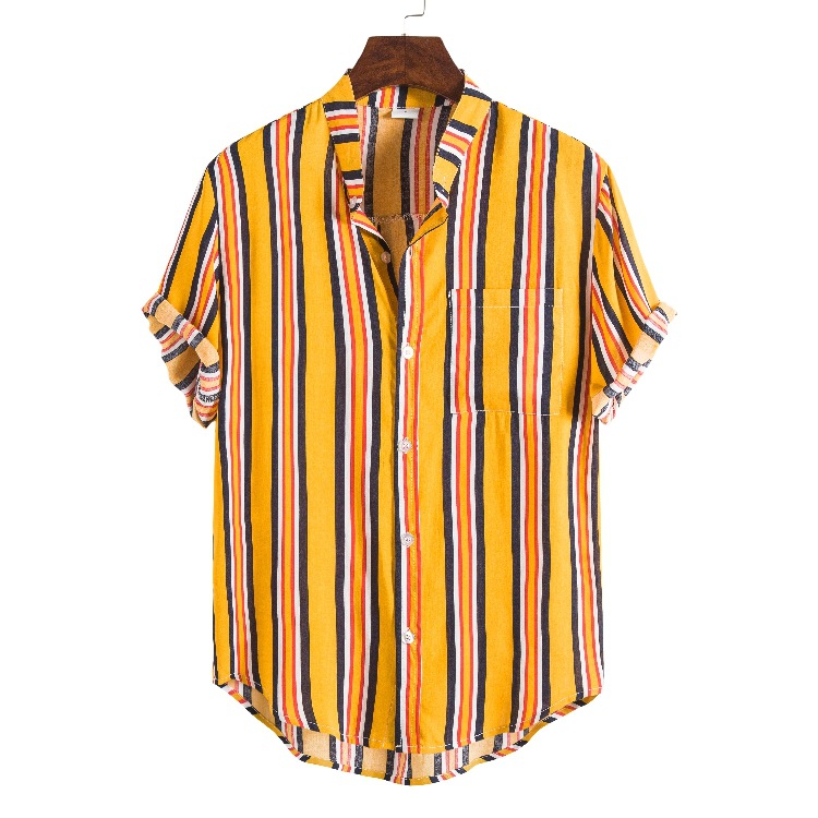 Men's Striped Short Sleeve Shirt Fashion Casual Large Size Stand Collar Shirt Men