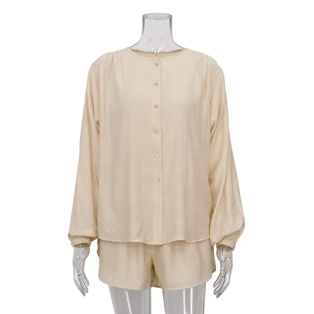 New Temperament Elegant Female Long sleeved Shirt Slit Shorts Two piece Set Apricot - Shop at LoveMi