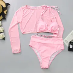 Mesh Three-piece Bikini Split Swimsuit - Pink - View 1