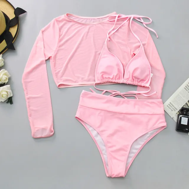 Mesh Three piece Bikini Split Swimsuit Pink - Shop at LoveMi