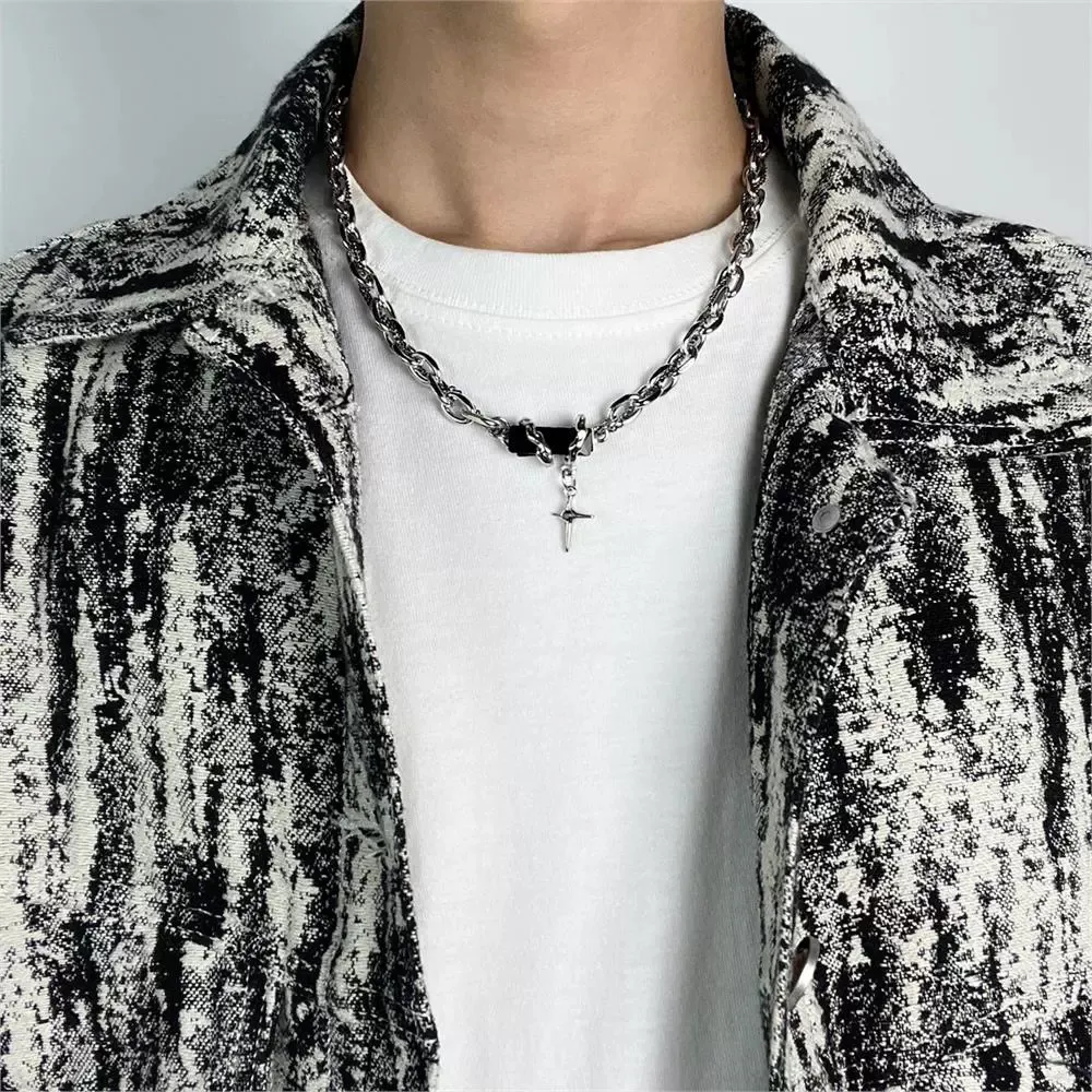 1pcs Mixed Link Chain Black Rectangle Stone Star Cross Pendant Necklace, Dark Cool Aesthetic Style, For Men Women Daily Party Wear & Couple Valentine Gifts