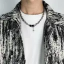 1pcs Mixed Link Chain Black Rectangle Stone Star Cross Pendant Necklace, Dark Cool Aesthetic Style, For Men Women Daily Party Wear & Couple Valentine Gifts view 7