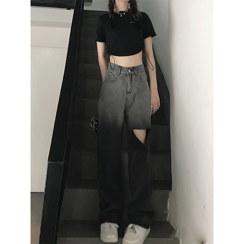 Ripped Jeans Female High waist Straight leg Pants Small Wide leg Gray - Shop at LoveMi