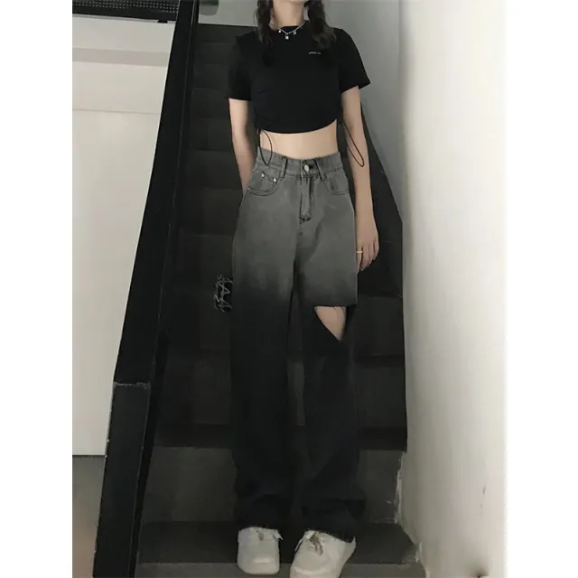 Ripped Jeans Female High waist Straight leg Pants Small Wide leg Black - Shop at LoveMi