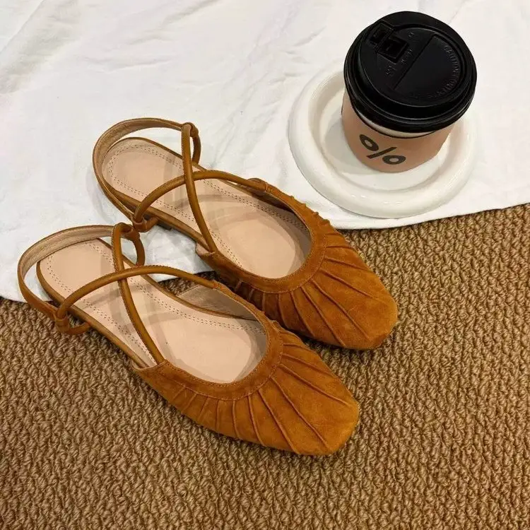 Women Vintage Gathered Ruched Pleat Slingback Flats Matching Casual Daily