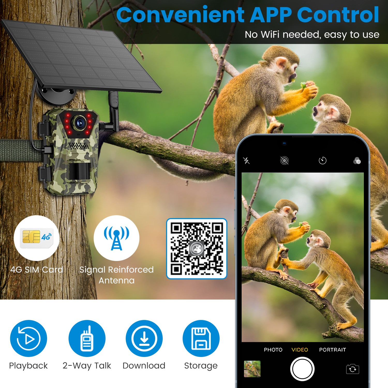 1Pc 4G 4K 30FPS Solar Trail Camera Outdoor Wildlife Camera Motion Activated IP66 Waterproof With 140 Degree Viewing Angle No Glow Night Vision SIM Card APP Control No WiFi Needed