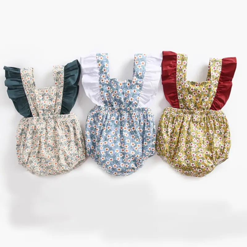Floral Contrast Color Flounced Sleeve One-piece Baby Rompers Strap Matching