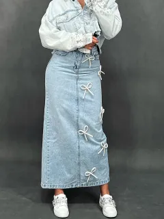 Bow Washed Denim Skirt - Blue - View 1