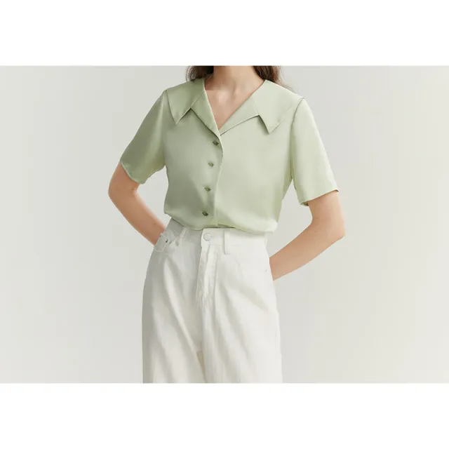 Women's Satin Chiffon Short sleeved Shirt Light Bean Green - Shop at LoveMi