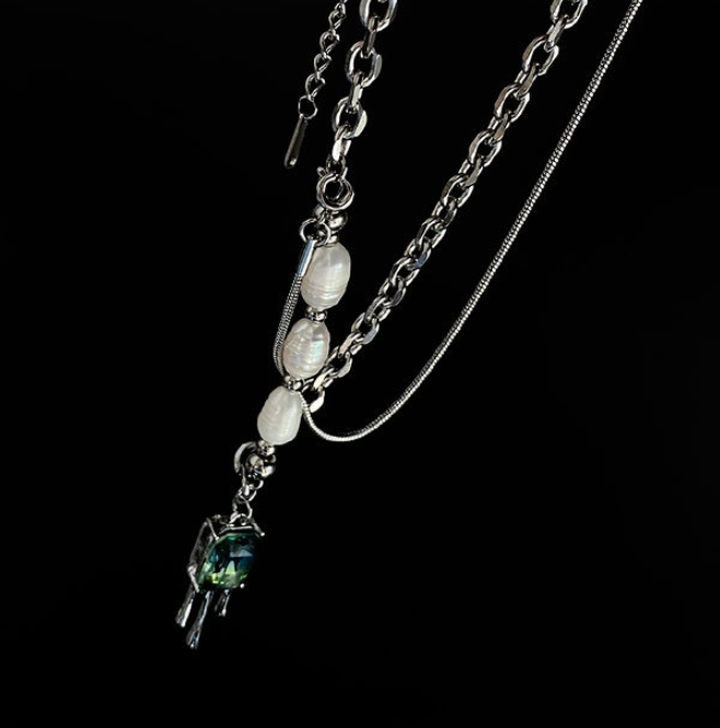 Blue And Green Black Transparent Zircon Natural Pearl Stitching Necklace
