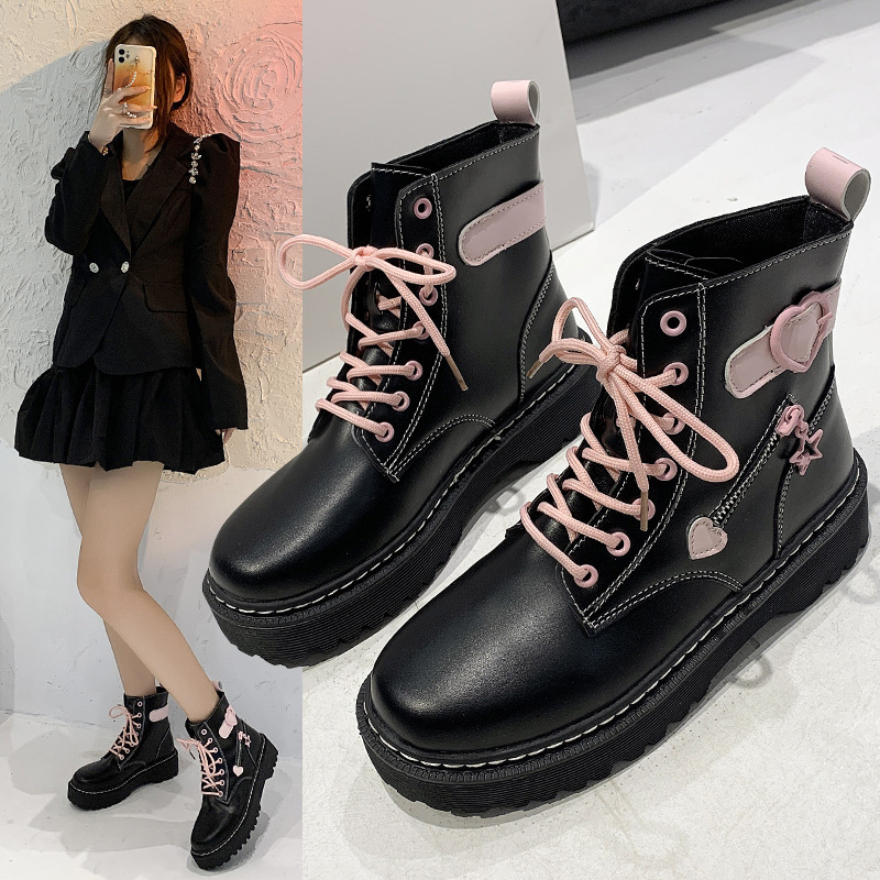 Lace-up British Boots Heart Zipper Black