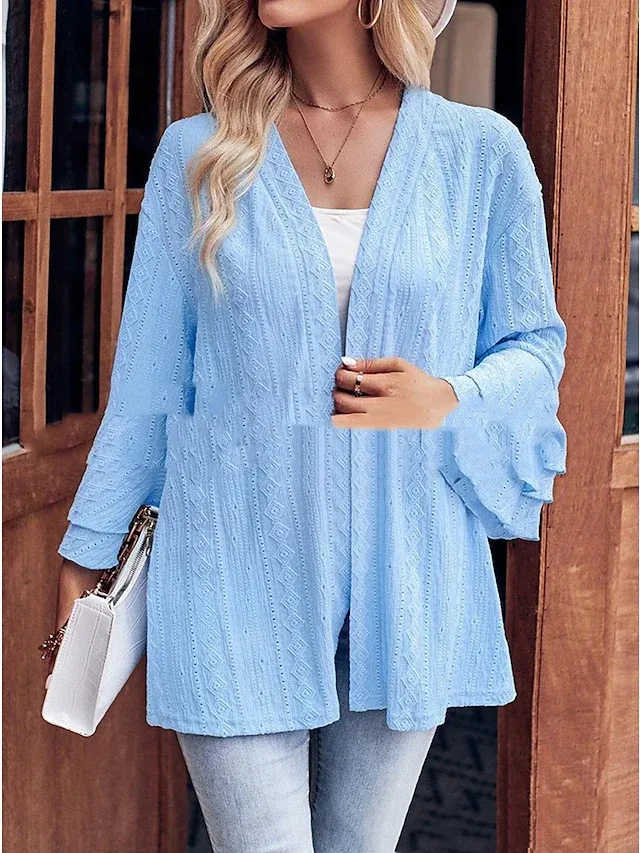 Casual Solid Color Loose Smocking Jacquard Cardigan Top Light Blue - Shop at LoveMi