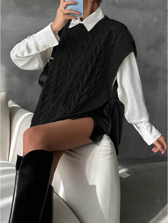 Women's Solid Color V-Neck Tie Casual Knit Vest